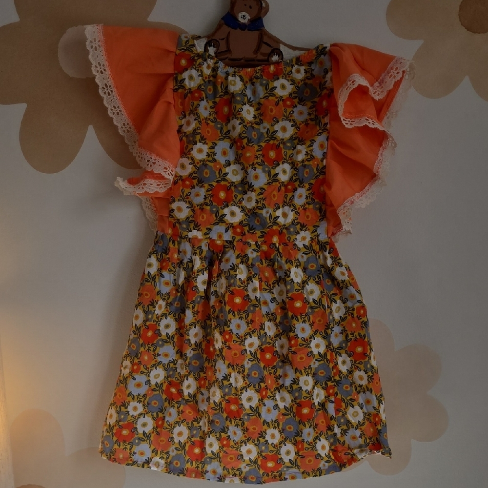 Vintage Kids Floral Dress with Orange Ruffle Sleeves